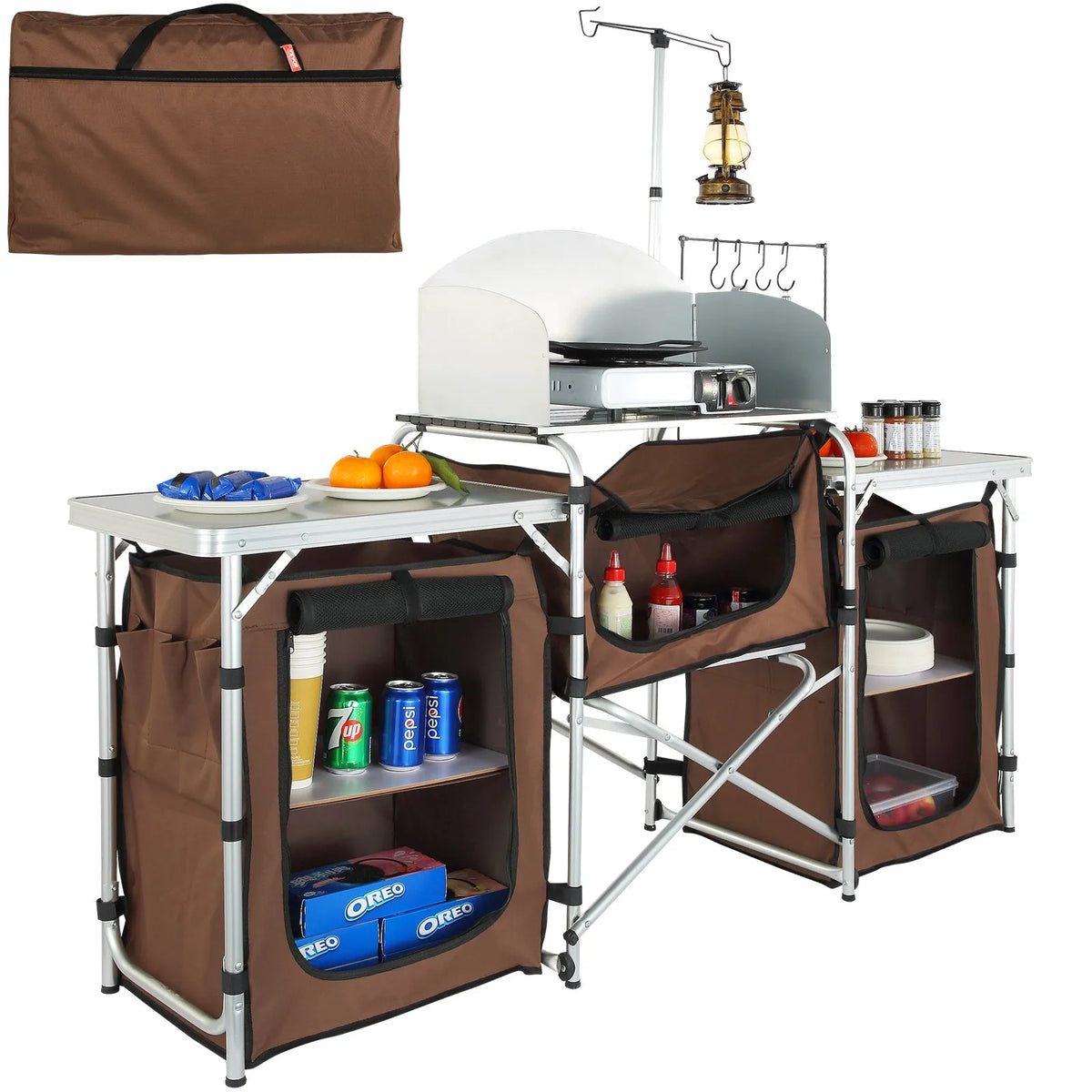 VEVOR Folding Camping Kitchen Table, Outdoor Cooking Table with Aluminium Work Surface, 3 Storage Compartments and Removable Wind Shield, Portable with Bag, Suitable for Picnics, Grilling and Caravan Travel, Brown