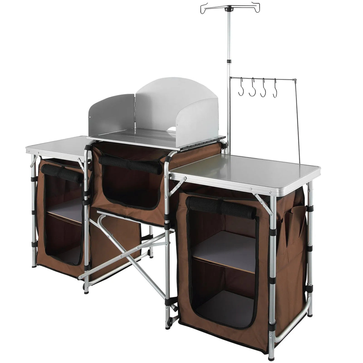VEVOR Folding Camping Kitchen Table, Outdoor Cooking Table with Aluminium Work Surface, 3 Storage Compartments and Removable Wind Shield, Portable with Bag, Suitable for Picnics, Grilling and Caravan Travel, Brown