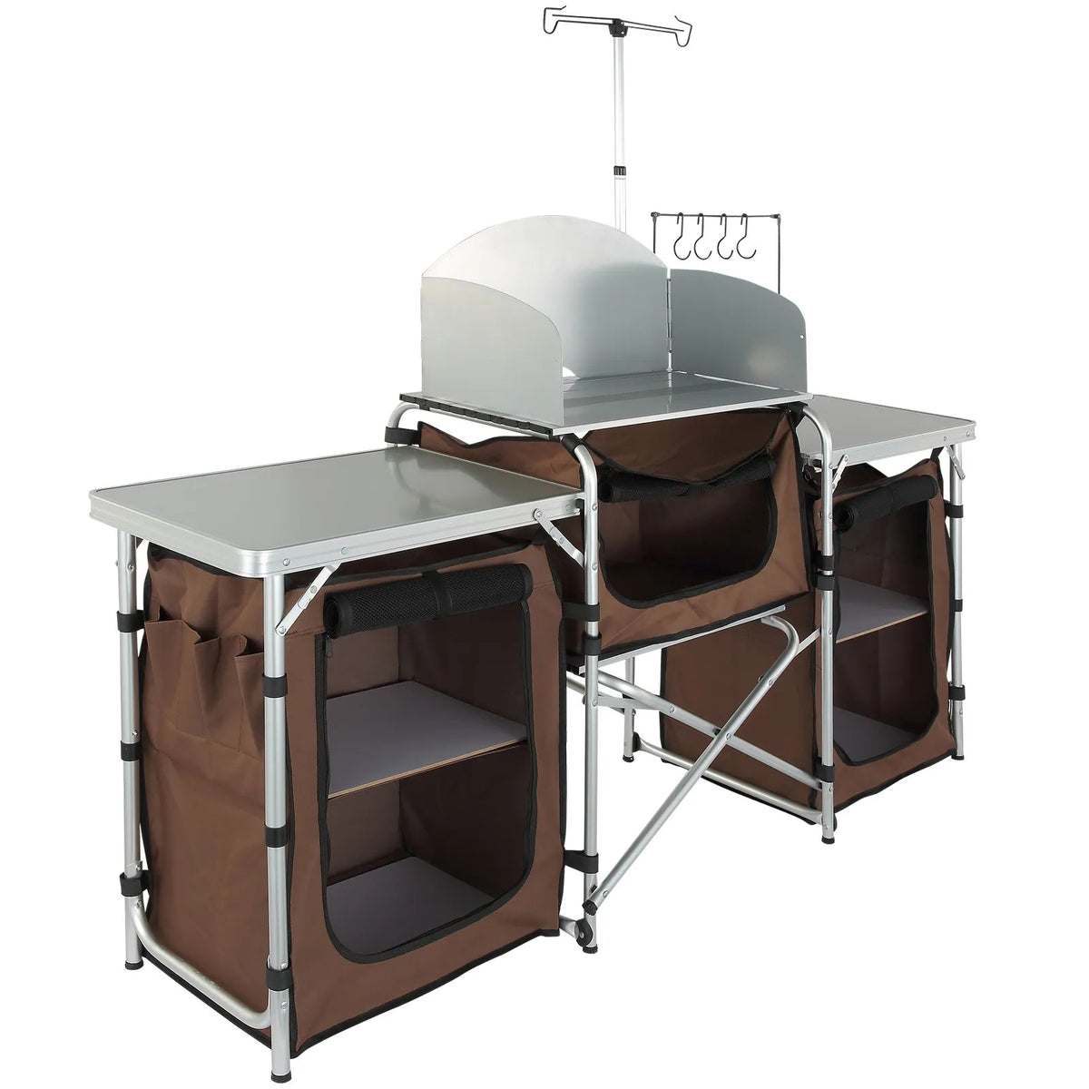 VEVOR Folding Camping Kitchen Table, Outdoor Cooking Table with Aluminium Work Surface, 3 Storage Compartments and Removable Wind Shield, Portable with Bag, Suitable for Picnics, Grilling and Caravan Travel, Brown