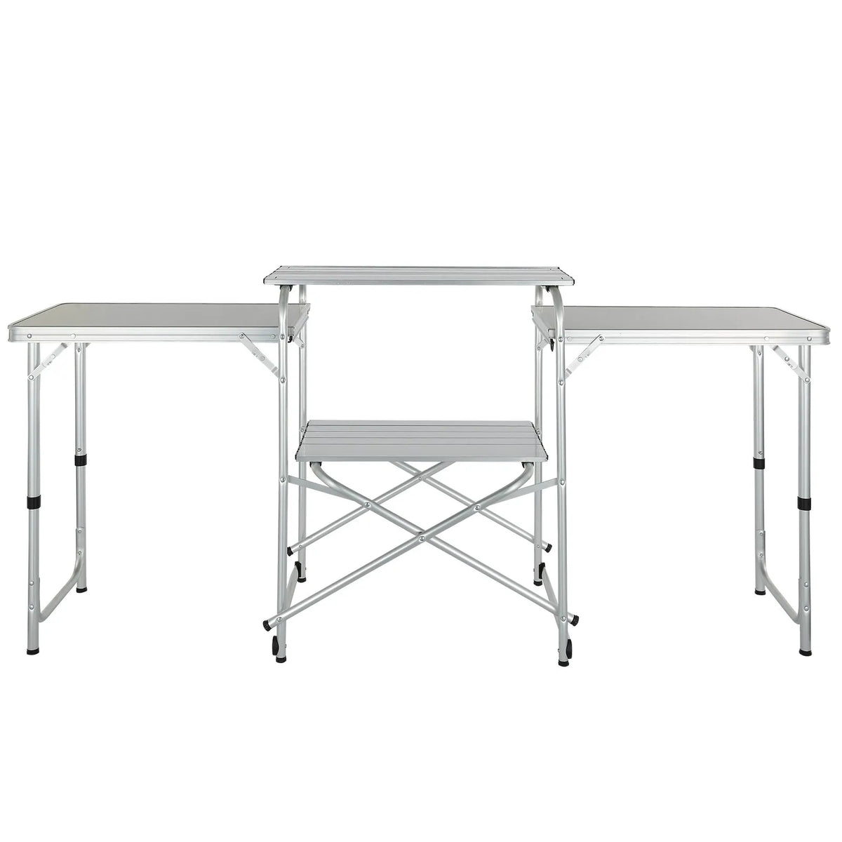 VEVOR Folding Camping Kitchen Table, Outdoor Cooking Table with Aluminium Work Surface, 3 Storage Compartments and Removable Wind Shield, Portable with Bag, Suitable for Picnics, Grilling and Caravan Travel, Brown