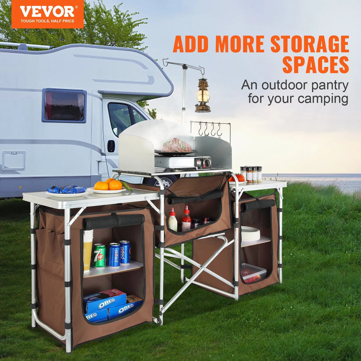 VEVOR Folding Camping Kitchen Table, Outdoor Cooking Table with Aluminium Work Surface, 3 Storage Compartments and Removable Wind Shield, Portable with Bag, Suitable for Picnics, Grilling and Caravan Travel, Brown