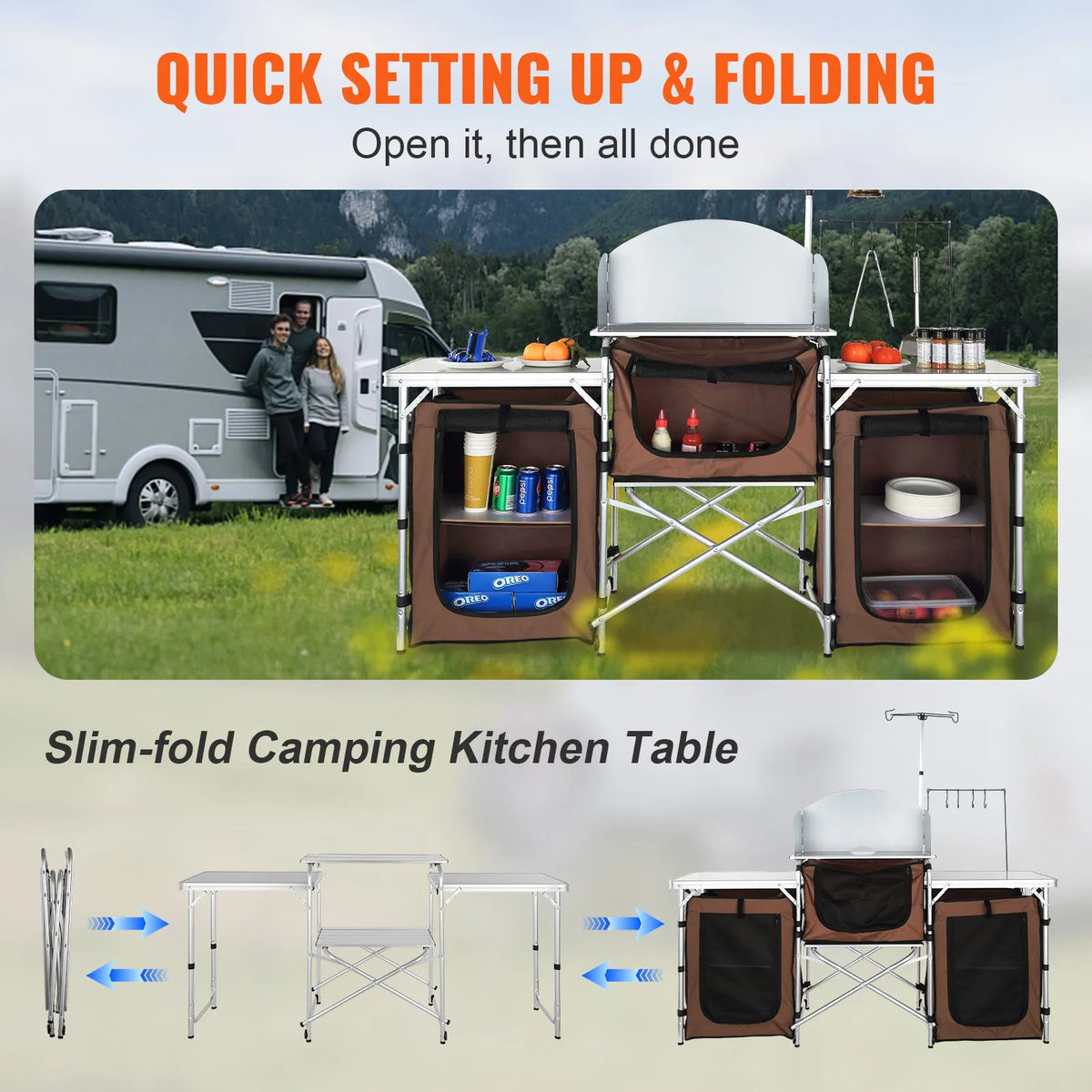 VEVOR Folding Camping Kitchen Table, Outdoor Cooking Table with Aluminium Work Surface, 3 Storage Compartments and Removable Wind Shield, Portable with Bag, Suitable for Picnics, Grilling and Caravan Travel, Brown