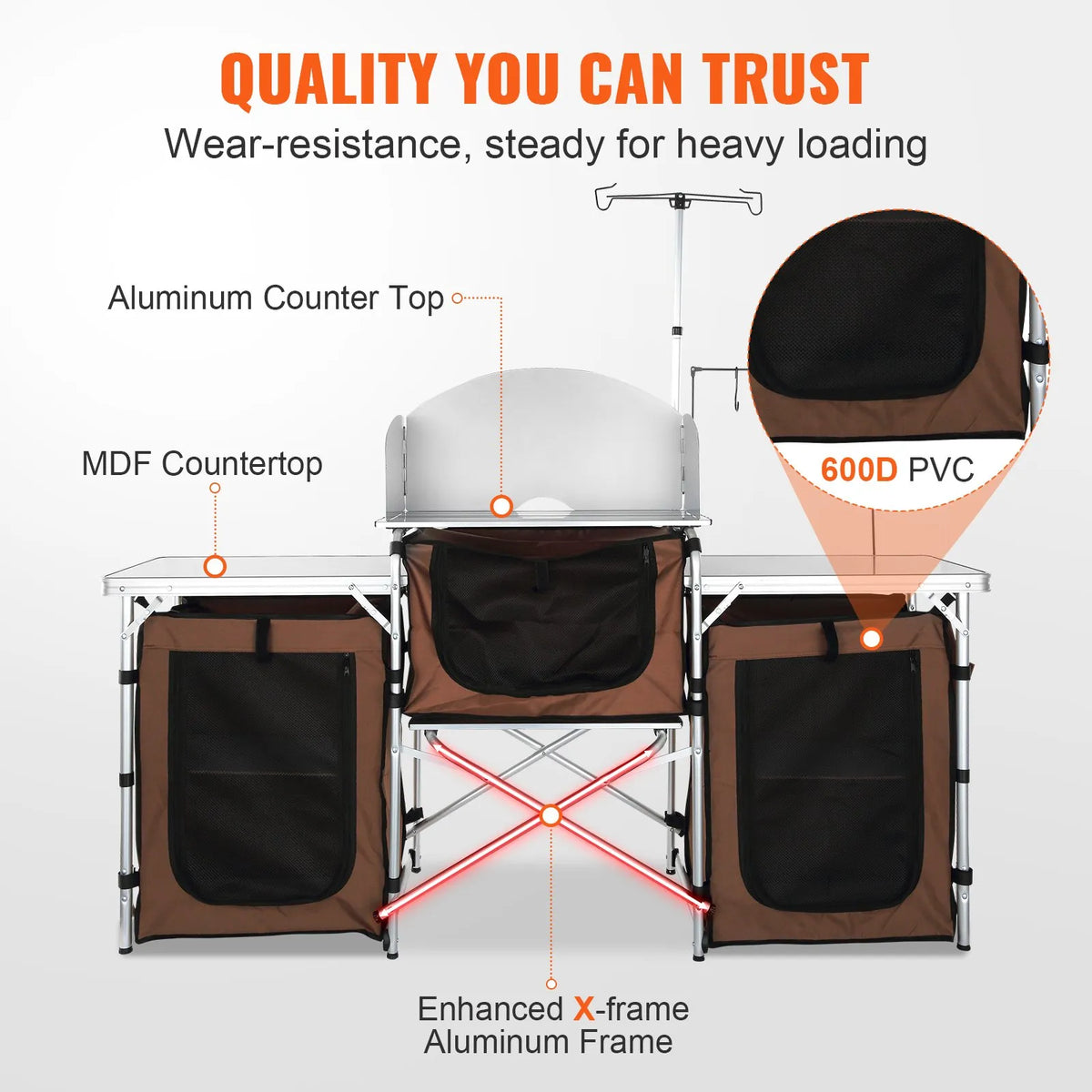 VEVOR Folding Camping Kitchen Table, Outdoor Cooking Table with Aluminium Work Surface, 3 Storage Compartments and Removable Wind Shield, Portable with Bag, Suitable for Picnics, Grilling and Caravan Travel, Brown