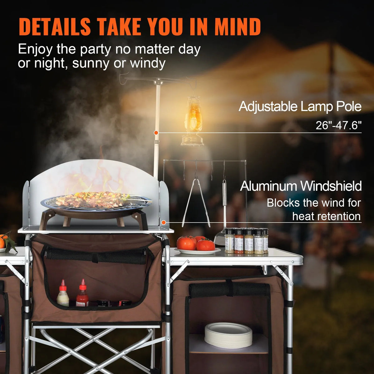 VEVOR Folding Camping Kitchen Table, Outdoor Cooking Table with Aluminium Work Surface, 3 Storage Compartments and Removable Wind Shield, Portable with Bag, Suitable for Picnics, Grilling and Caravan Travel, Brown