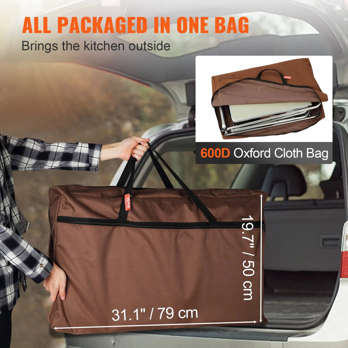 VEVOR Folding Camping Kitchen Table, Outdoor Cooking Table with Aluminium Work Surface, 3 Storage Compartments and Removable Wind Shield, Portable with Bag, Suitable for Picnics, Grilling and Caravan Travel, Brown