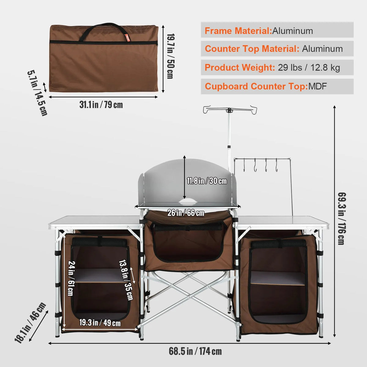 VEVOR Folding Camping Kitchen Table, Outdoor Cooking Table with Aluminium Work Surface, 3 Storage Compartments and Removable Wind Shield, Portable with Bag, Suitable for Picnics, Grilling and Caravan Travel, Brown