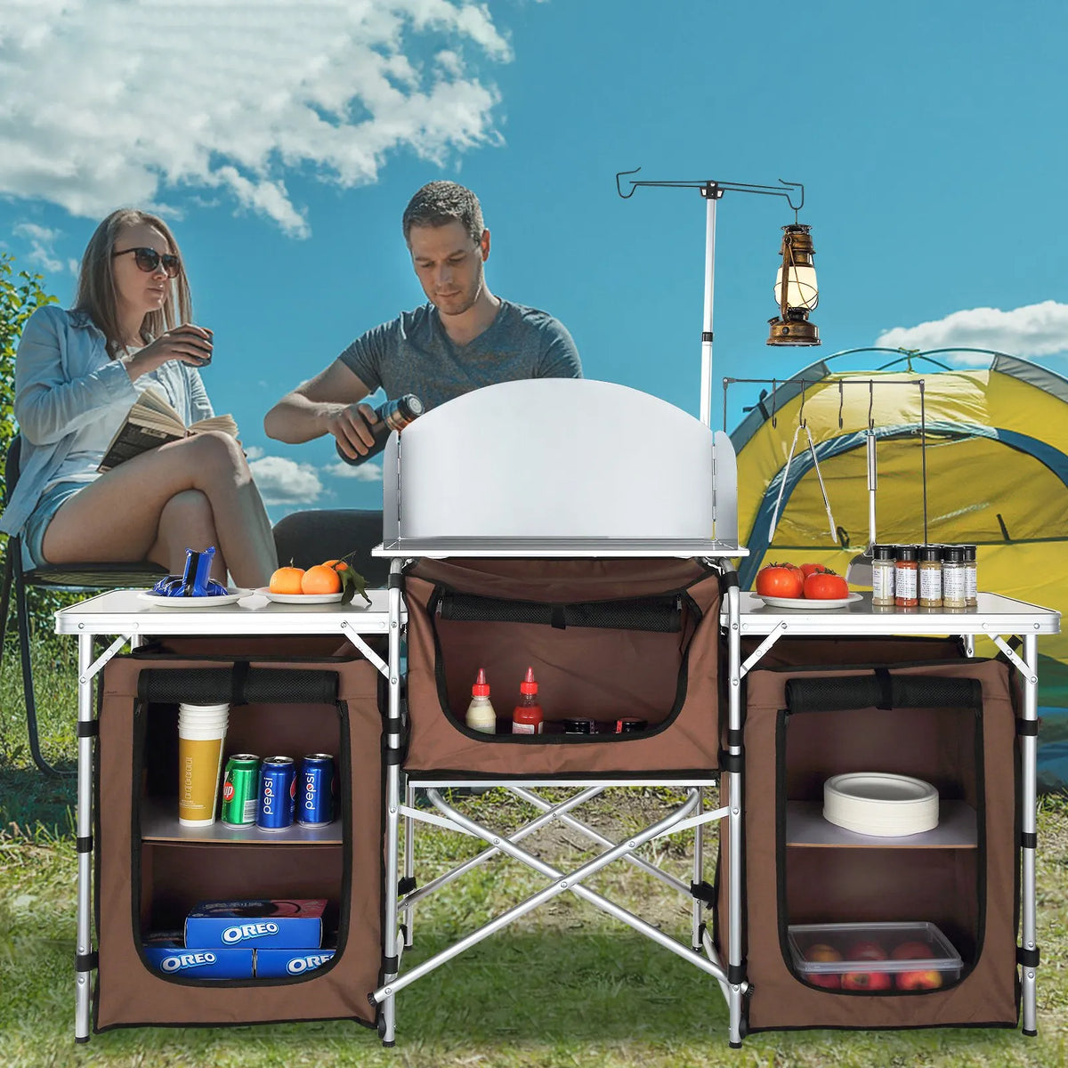 VEVOR Folding Camping Kitchen Table, Outdoor Cooking Table with Aluminium Work Surface, 3 Storage Compartments and Removable Wind Shield, Portable with Bag, Suitable for Picnics, Grilling and Caravan Travel, Brown