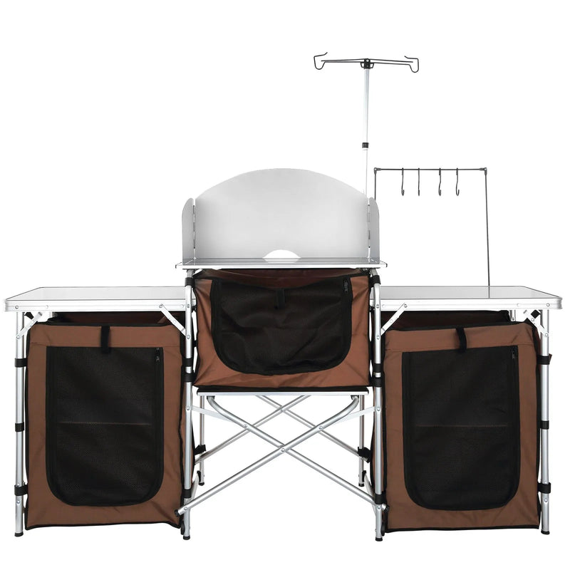 VEVOR saliekamais kempinga virtuves galds, āra gatavošanas galds ar alumīnija darba virsmu, 3 glabāšanas nodalījumiem un noņemamu vēja aizsargu, pārnēsājams ar somu, piemērots piknikiem, grilēšanai un ceļošanai ar kemperi, brūns