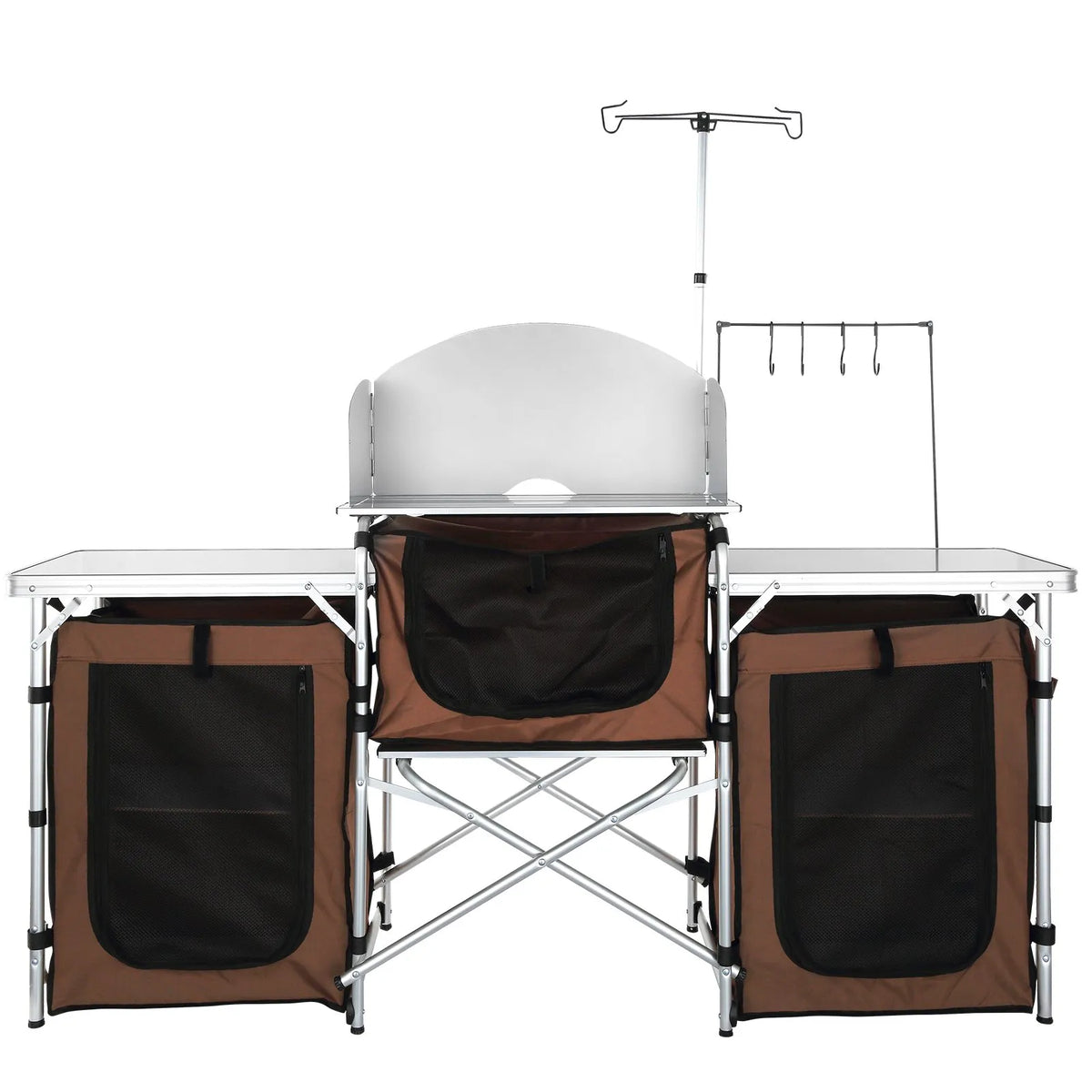 VEVOR Folding Camping Kitchen Table, Outdoor Cooking Table with Aluminium Work Surface, 3 Storage Compartments and Removable Wind Shield, Portable with Bag, Suitable for Picnics, Grilling and Caravan Travel, Brown