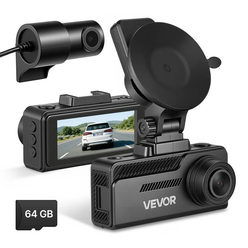 VEVOR auto videoreģistrators ar priekšējo un aizmugurējo kameru 4K + 1080p, 64 GB karte komplektā, dubultkanālu kamera ar GPS, G - sensoru, 129°/125° skata leņķi, 80,8 mm skārienekrānu, ciklisko ierakstu un stāvvietas režīmu - ZEMLETES.LV