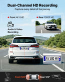 VEVOR auto videoreģistrators ar priekšējo un aizmugurējo kameru 4K + 1080p, 64 GB karte komplektā, dubultkanālu kamera ar GPS, G - sensoru, 129°/125° skata leņķi, 80,8 mm skārienekrānu, ciklisko ierakstu un stāvvietas režīmu - ZEMLETES.LV