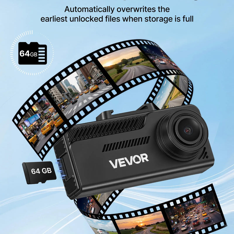 VEVOR auto videoreģistrators ar priekšējo un aizmugurējo kameru 4K + 1080p, 64 GB karte komplektā, dubultkanālu kamera ar GPS, G - sensoru, 129°/125° skata leņķi, 80,8 mm skārienekrānu, ciklisko ierakstu un stāvvietas režīmu - ZEMLETES.LV
