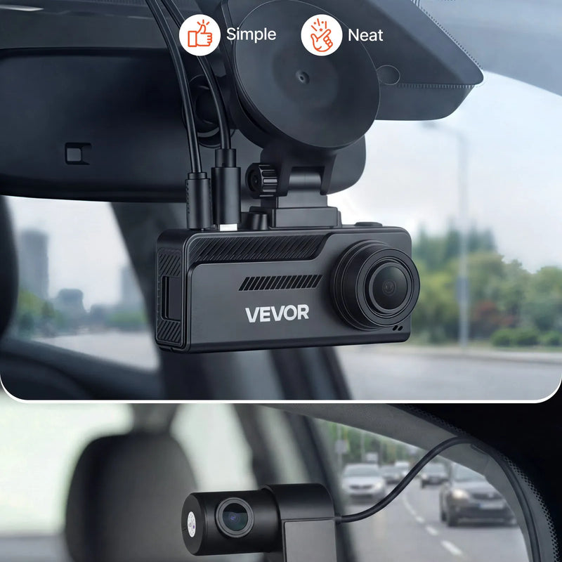 VEVOR auto videoreģistrators ar priekšējo un aizmugurējo kameru 4K + 1080p, 64 GB karte komplektā, dubultkanālu kamera ar GPS, G - sensoru, 129°/125° skata leņķi, 80,8 mm skārienekrānu, ciklisko ierakstu un stāvvietas režīmu - ZEMLETES.LV