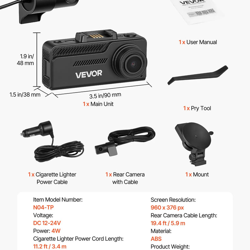 VEVOR auto videoreģistrators ar priekšējo un aizmugurējo kameru 4K + 1080p, 64 GB karte komplektā, dubultkanālu kamera ar GPS, G - sensoru, 129°/125° skata leņķi, 80,8 mm skārienekrānu, ciklisko ierakstu un stāvvietas režīmu - ZEMLETES.LV