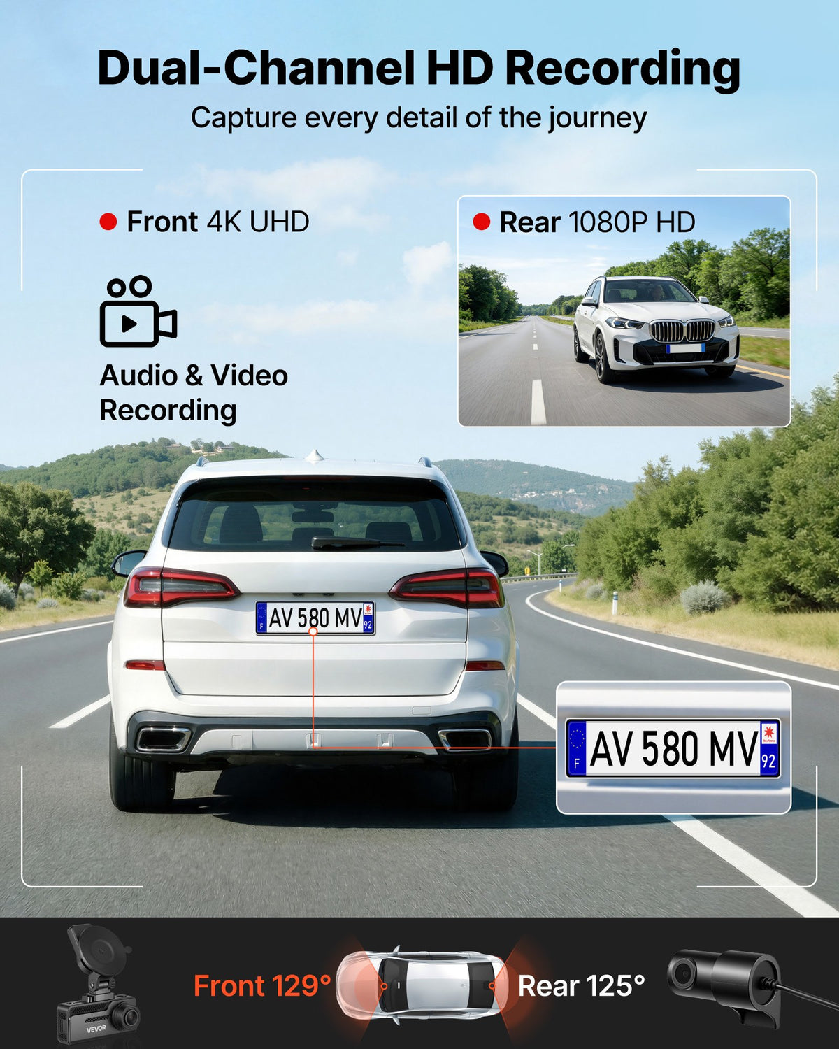 VEVOR auto videoreģistrators priekšējai un aizmugurējai kamerai 4K + 1080p, 32 GB karte komplektā, dubultkanālu kamera ar GPS, G - sensoru, 129°/125° skata leņķi, 80,8 mm ekrānu, ciklisko ierakstu un stāvvietas režīmu - ZEMLETES.LV