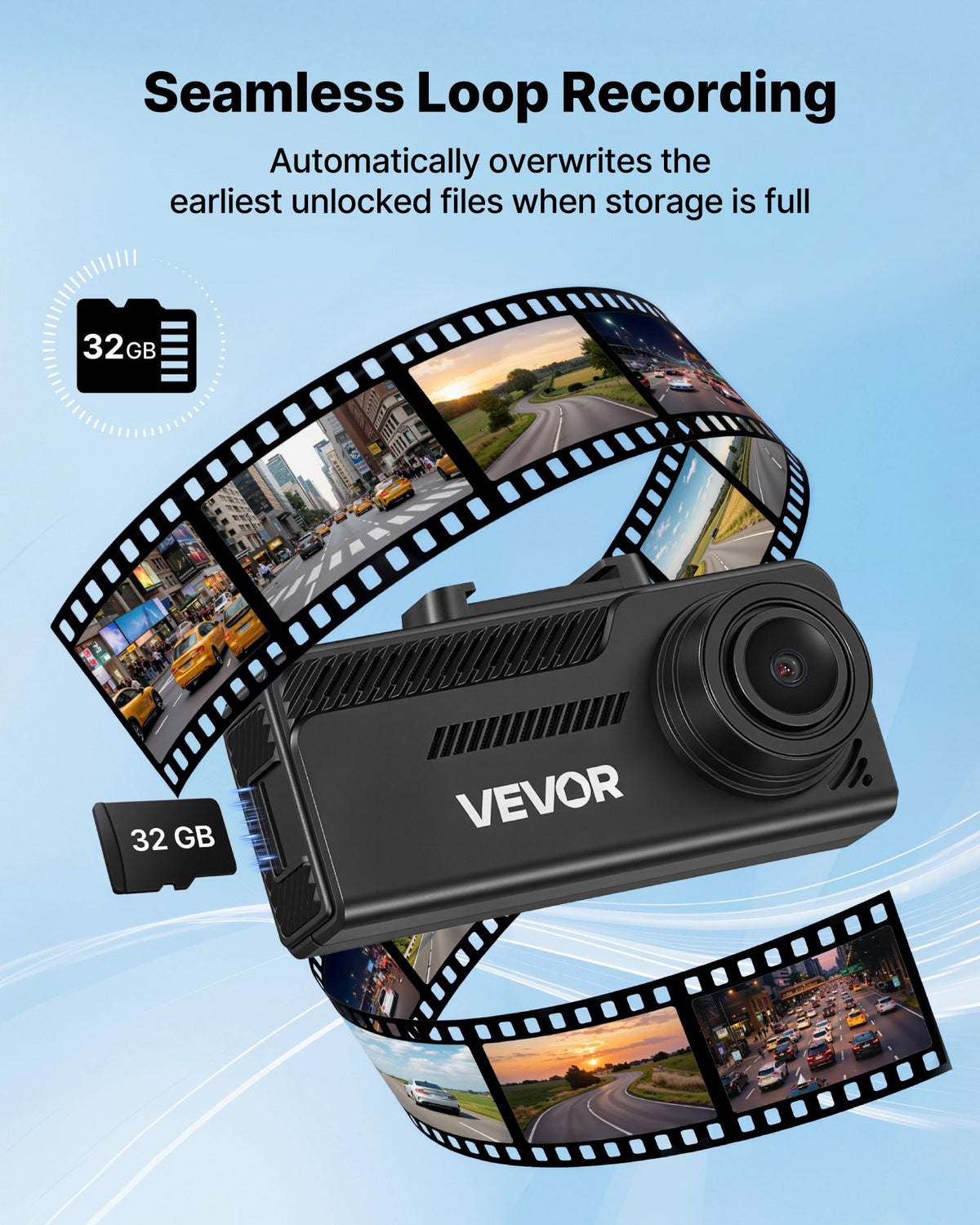 VEVOR auto videoreģistrators priekšējai un aizmugurējai kamerai 4K + 1080p, 32 GB karte komplektā, dubultkanālu kamera ar GPS, G - sensoru, 129°/125° skata leņķi, 80,8 mm ekrānu, ciklisko ierakstu un stāvvietas režīmu - ZEMLETES.LV