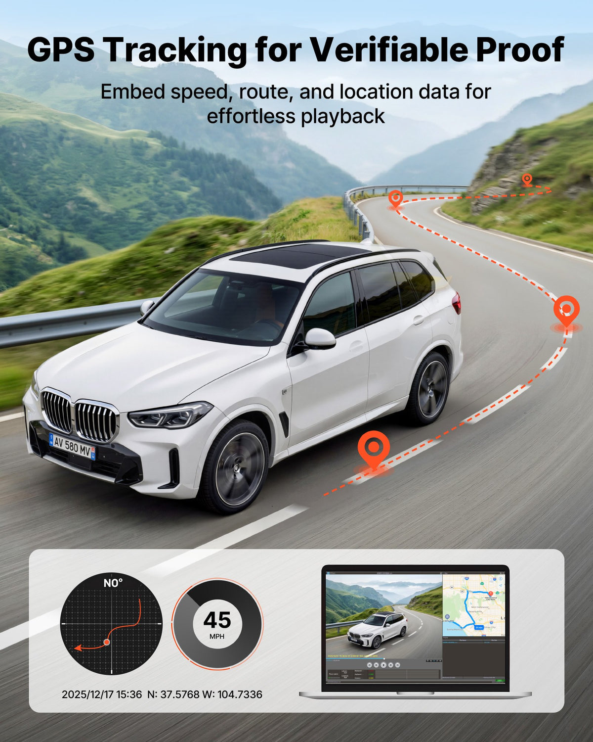 VEVOR auto videoreģistrators priekšējai un aizmugurējai kamerai 4K + 1080p, 32 GB karte komplektā, dubultkanālu kamera ar GPS, G - sensoru, 129°/125° skata leņķi, 80,8 mm ekrānu, ciklisko ierakstu un stāvvietas režīmu - ZEMLETES.LV