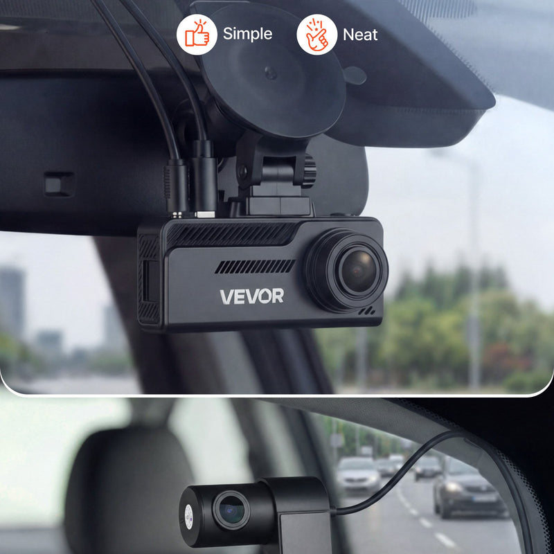 VEVOR auto videoreģistrators priekšējai un aizmugurējai kamerai 4K + 1080p, 32 GB karte komplektā, dubultkanālu kamera ar GPS, G - sensoru, 129°/125° skata leņķi, 80,8 mm ekrānu, ciklisko ierakstu un stāvvietas režīmu - ZEMLETES.LV