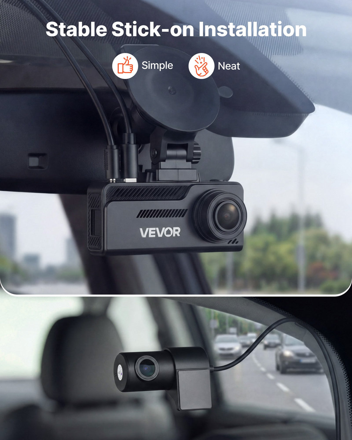 VEVOR auto videoreģistrators priekšējai un aizmugurējai kamerai 4K + 1080p, 32 GB karte komplektā, dubultkanālu kamera ar GPS, G - sensoru, 129°/125° skata leņķi, 80,8 mm ekrānu, ciklisko ierakstu un stāvvietas režīmu - ZEMLETES.LV