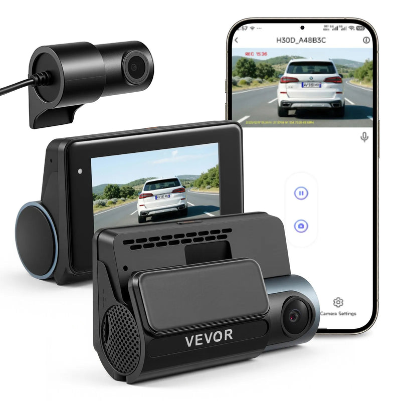 VEVOR auto videoreģistrators ar priekšējo un aizmugurējo kameru 4K + 1080p, WiFi lietotnes vadība, dubultkanālu kamera ar GPS, G - sensoru, 123°/125° skata leņķi, 76,2 mm ekrānu, ciklisko ierakstu un stāvvietas režīmu - ZEMLETES.LV