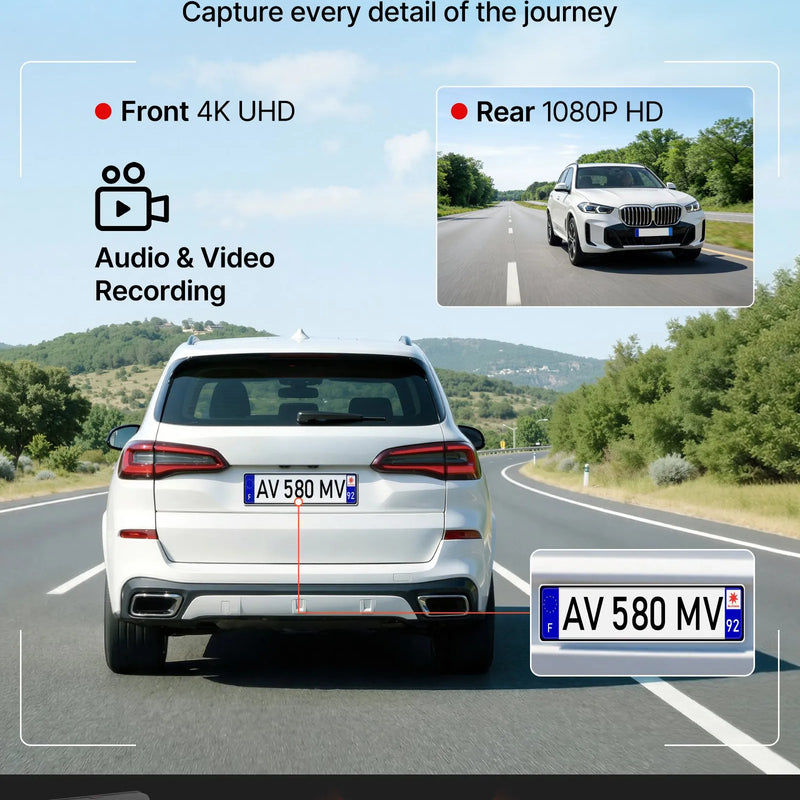 VEVOR auto videoreģistrators ar priekšējo un aizmugurējo kameru 4K + 1080p, WiFi lietotnes vadība, dubultkanālu kamera ar GPS, G - sensoru, 123°/125° skata leņķi, 76,2 mm ekrānu, ciklisko ierakstu un stāvvietas režīmu - ZEMLETES.LV