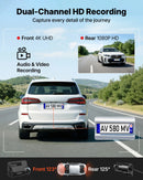 VEVOR auto videoreģistrators ar priekšējo un aizmugurējo kameru 4K + 1080p, WiFi lietotnes vadība, dubultkanālu kamera ar GPS, G - sensoru, 123°/125° skata leņķi, 76,2 mm ekrānu, ciklisko ierakstu un stāvvietas režīmu - ZEMLETES.LV
