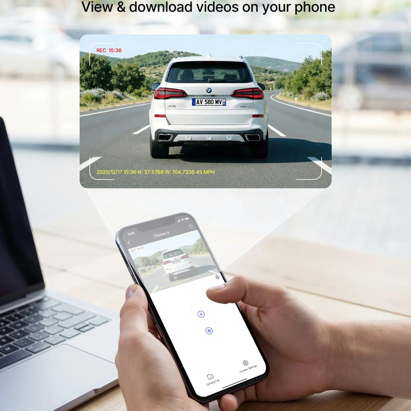 VEVOR auto videoreģistrators ar priekšējo un aizmugurējo kameru 4K + 1080p, WiFi lietotnes vadība, dubultkanālu kamera ar GPS, G - sensoru, 123°/125° skata leņķi, 76,2 mm ekrānu, ciklisko ierakstu un stāvvietas režīmu - ZEMLETES.LV