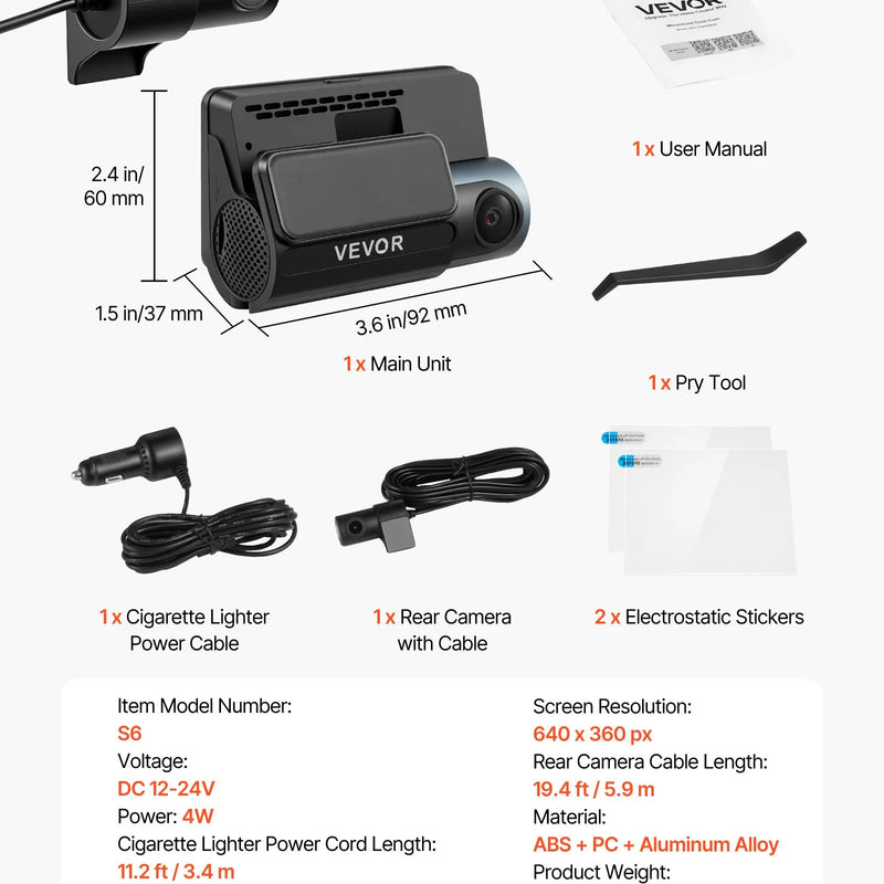 VEVOR auto videoreģistrators ar priekšējo un aizmugurējo kameru 4K + 1080p, WiFi lietotnes vadība, dubultkanālu kamera ar GPS, G - sensoru, 123°/125° skata leņķi, 76,2 mm ekrānu, ciklisko ierakstu un stāvvietas režīmu - ZEMLETES.LV