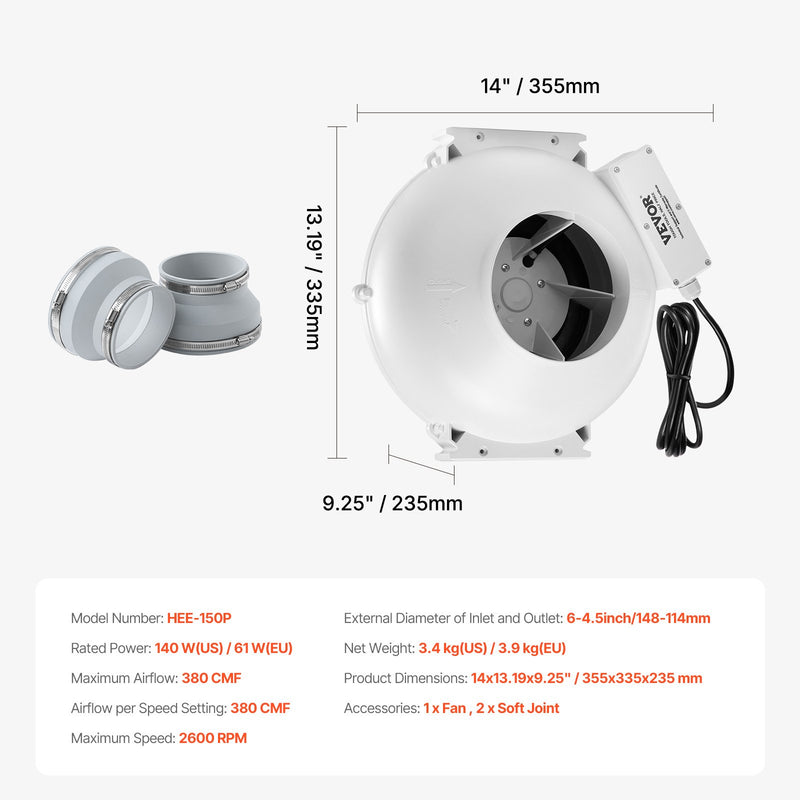 VEVOR 100-114 mm radona samazināšanas ventilaatorid, kluss, 645 m³/h, ūdensizturīgs