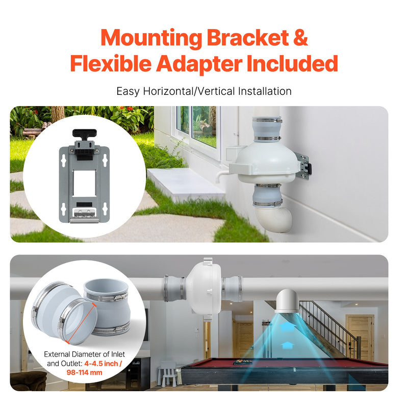 VEVOR 100 mm līdz 114 mm radona samazināšanas inline ventilaatorid, kluss, 322 m³/h