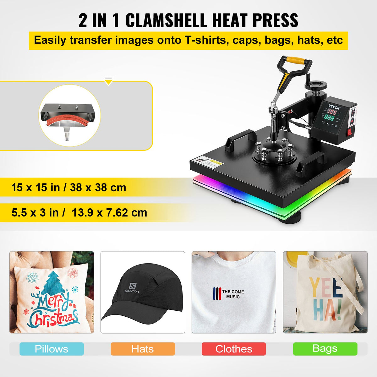 VEVOR Heat Press 38 × 38 cm 2-in-1 with Teflon Coating and Digital Control, for T-Shirts and Caps