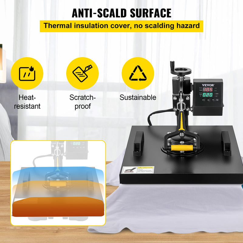 VEVOR Siltuma Preses Mašīna, 38x38 cm, 2IN1 Clamshell Sublimācijas Pārneses Printeris ar Teflona Pārklājumu, Digitālā Precīza Siltuma Kontrole T-krekliem, Cepurēm, Cepurītēm