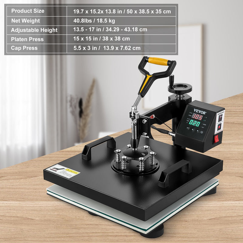 VEVOR Siltuma Preses Mašīna, 38x38 cm, 2IN1 Clamshell Sublimācijas Pārneses Printeris ar Teflona Pārklājumu, Digitālā Precīza Siltuma Kontrole T-krekliem, Cepurēm, Cepurītēm