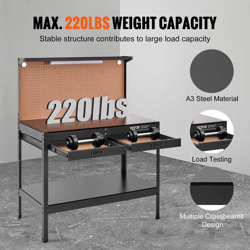 VEVOR multifunkcionāls darba galds 122x61 cm ar naglu dēli un strāvas kontaktligzdu, līdz 100kg