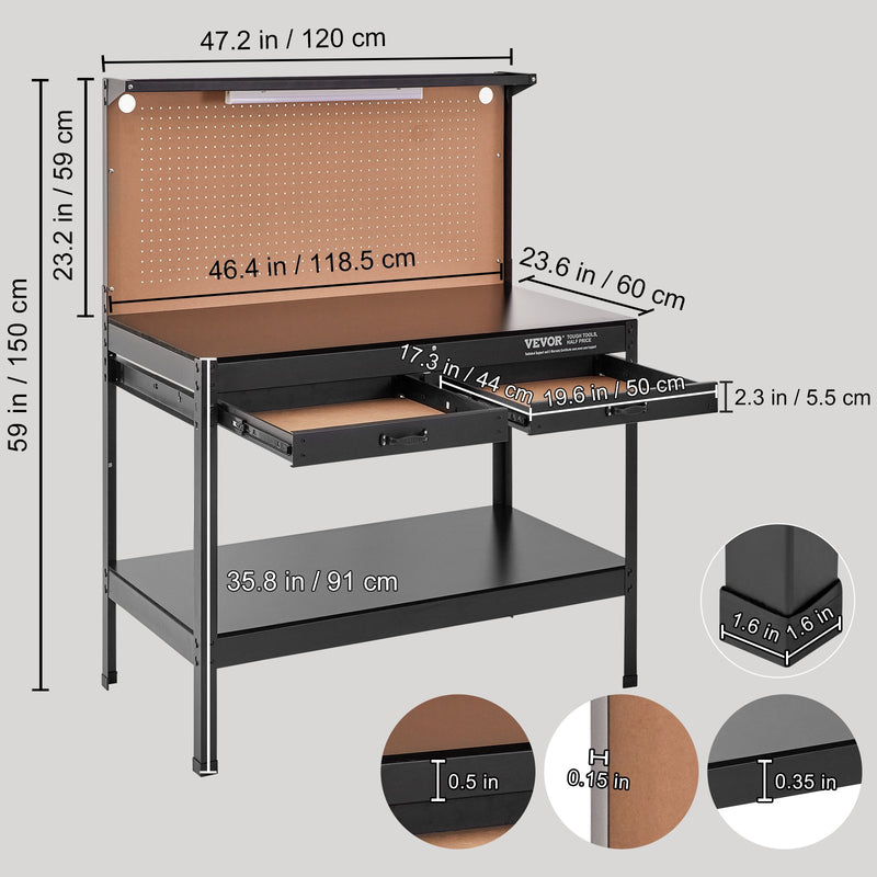 VEVOR multifunkcionāls darba galds 122x61 cm ar naglu dēli un strāvas kontaktligzdu, līdz 100kg