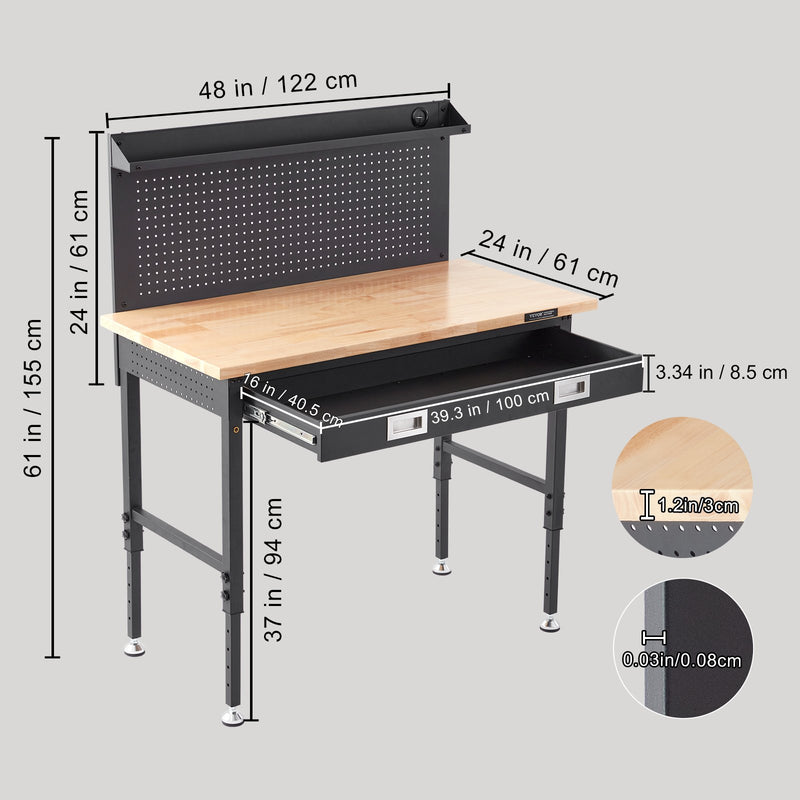 VEVOR daudzfunkcionāls cieta koka darba galds 122x61 cm ar naglu dēli un strāvas kontaktligzdām