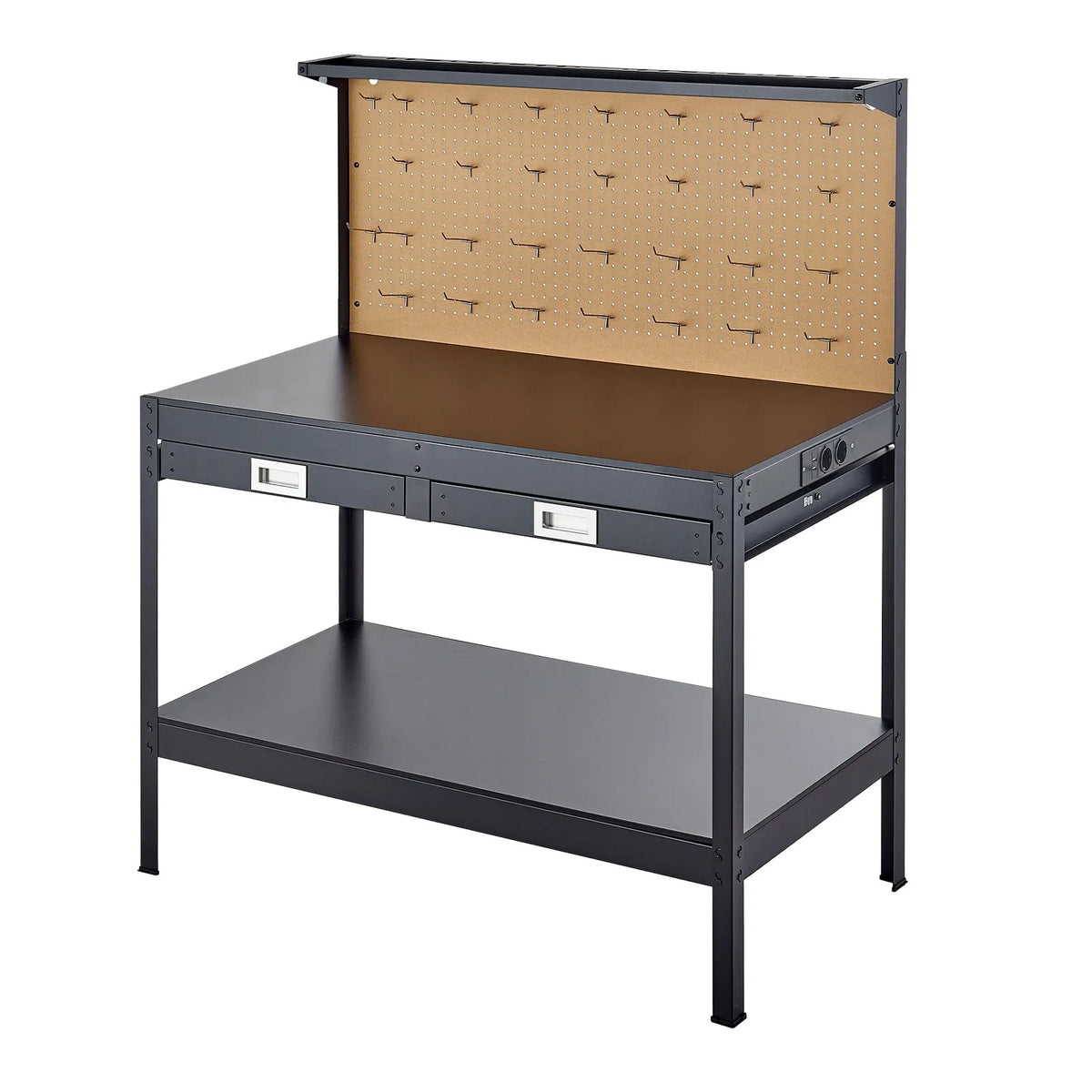VEVOR masīvkoka darbagalds 110 kg, 1200 mm smagās slodzes galds ar perforētu paneli, 4 AC rozetēm un 2 USB portiem, 1,5 m kabelis un 30 āķi, darbagalds ar atvilktni darbnīcai - ZEMLETES.LV