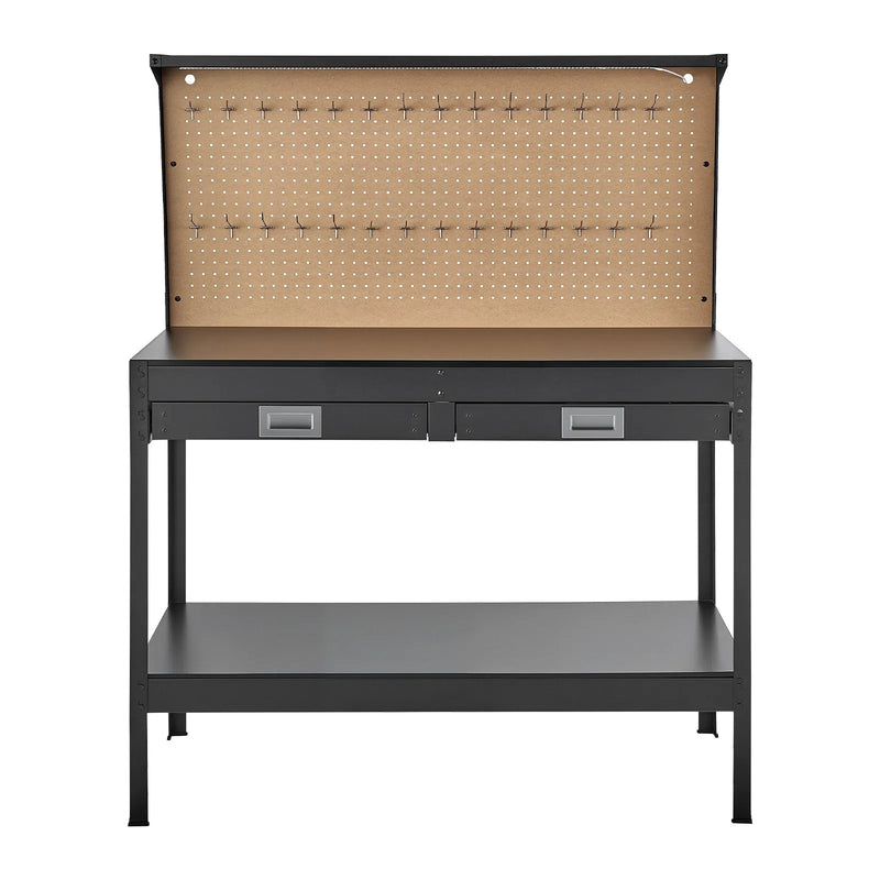 VEVOR masīvkoka darbagalds 110 kg, 1200 mm smagās slodzes galds ar perforētu paneli, 4 AC rozetēm un 2 USB portiem, 1,5 m kabelis un 30 āķi, darbagalds ar atvilktni darbnīcai - ZEMLETES.LV