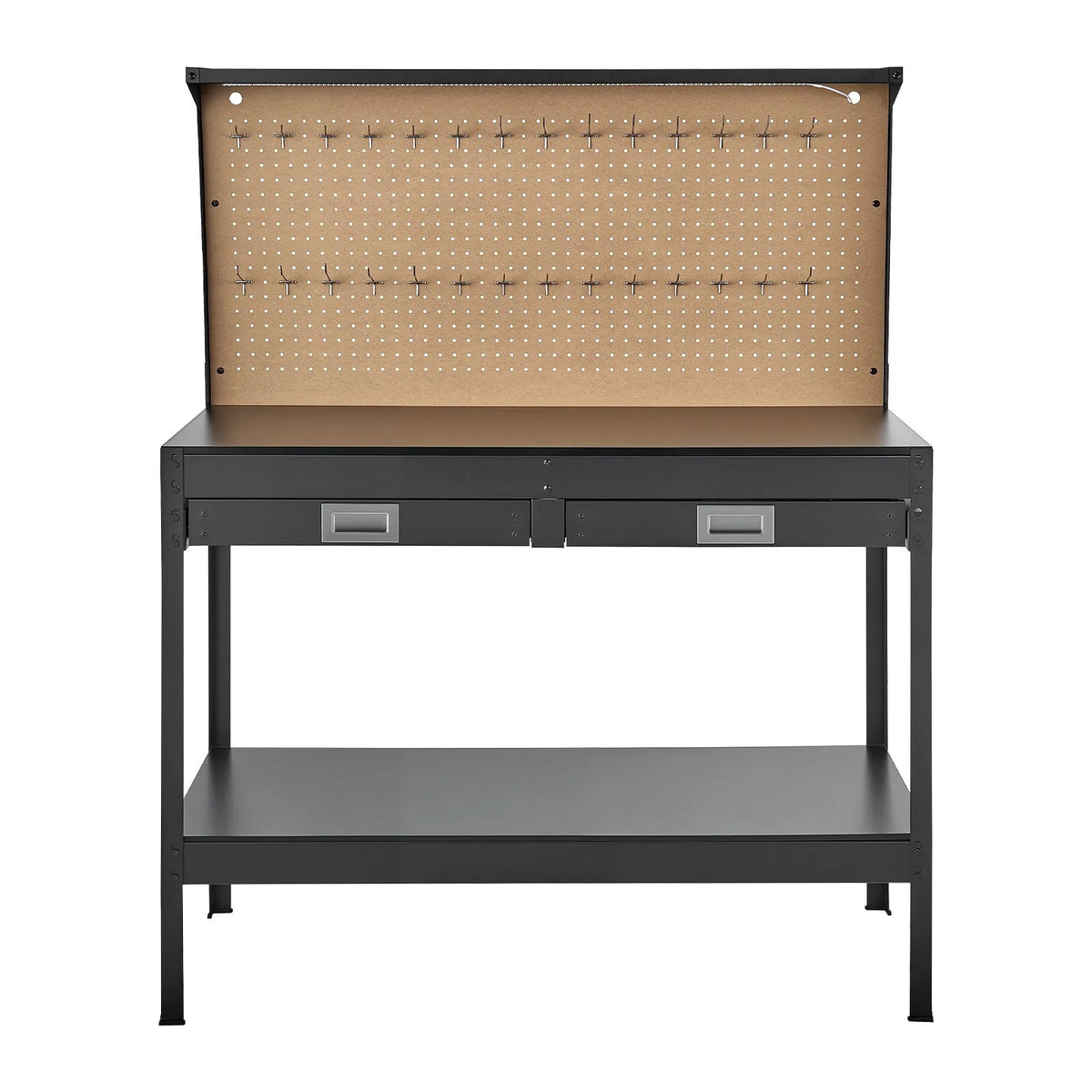 VEVOR masīvkoka darbagalds 110 kg, 1200 mm smagās slodzes galds ar perforētu paneli, 4 AC rozetēm un 2 USB portiem, 1,5 m kabelis un 30 āķi, darbagalds ar atvilktni darbnīcai - ZEMLETES.LV