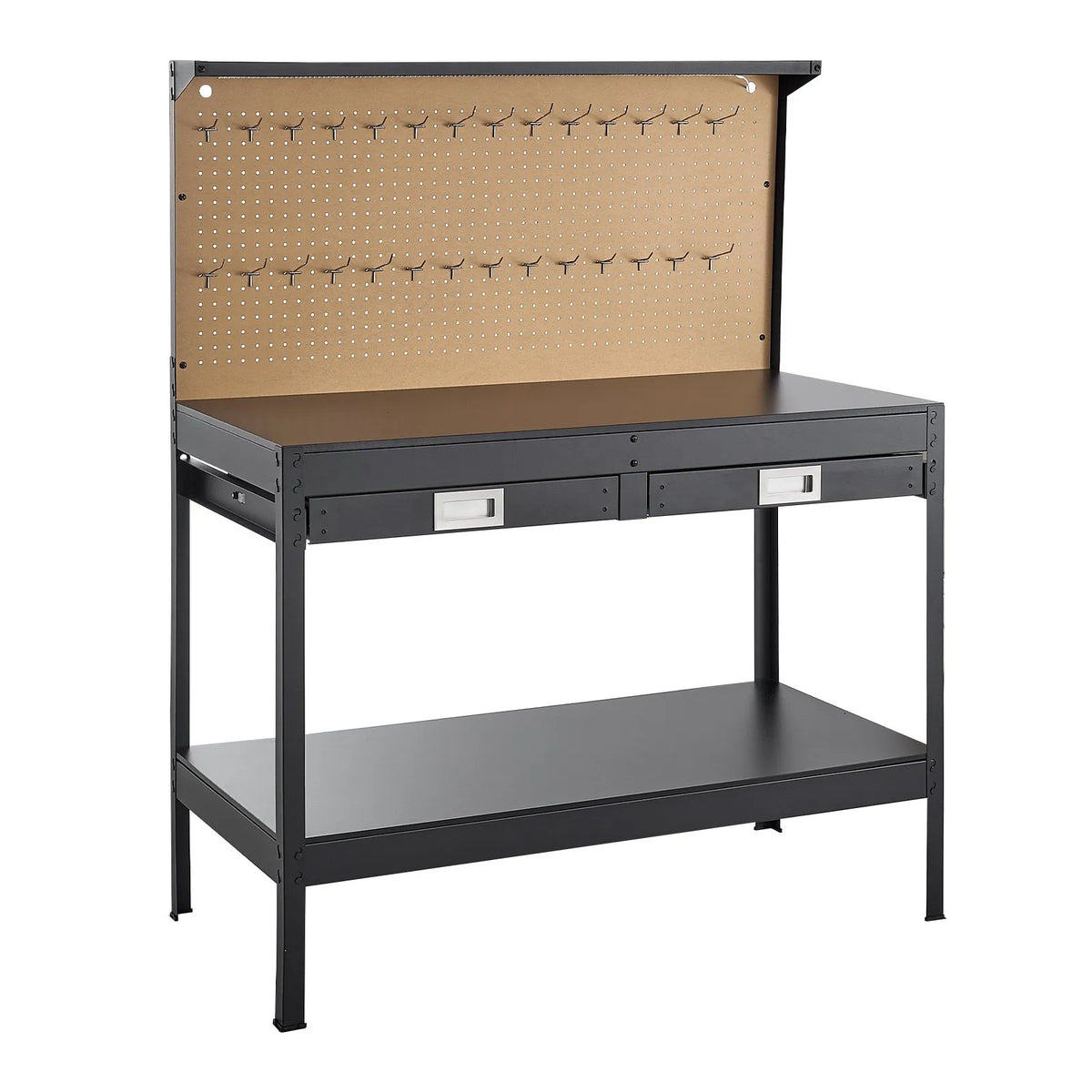VEVOR masīvkoka darbagalds 110 kg, 1200 mm smagās slodzes galds ar perforētu paneli, 4 AC rozetēm un 2 USB portiem, 1,5 m kabelis un 30 āķi, darbagalds ar atvilktni darbnīcai - ZEMLETES.LV