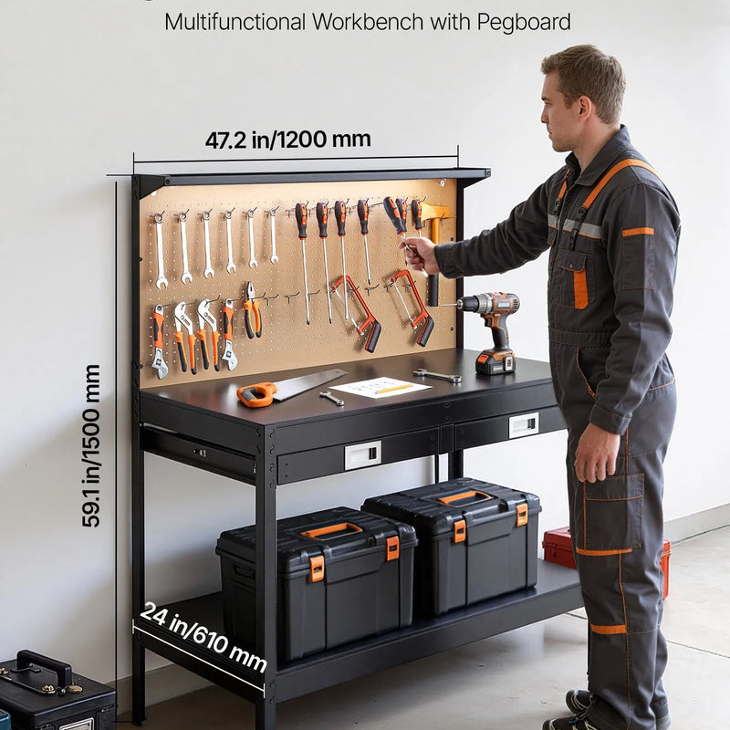 VEVOR masīvkoka darbagalds 110 kg, 1200 mm smagās slodzes galds ar perforētu paneli, 4 AC rozetēm un 2 USB portiem, 1,5 m kabelis un 30 āķi, darbagalds ar atvilktni darbnīcai - ZEMLETES.LV