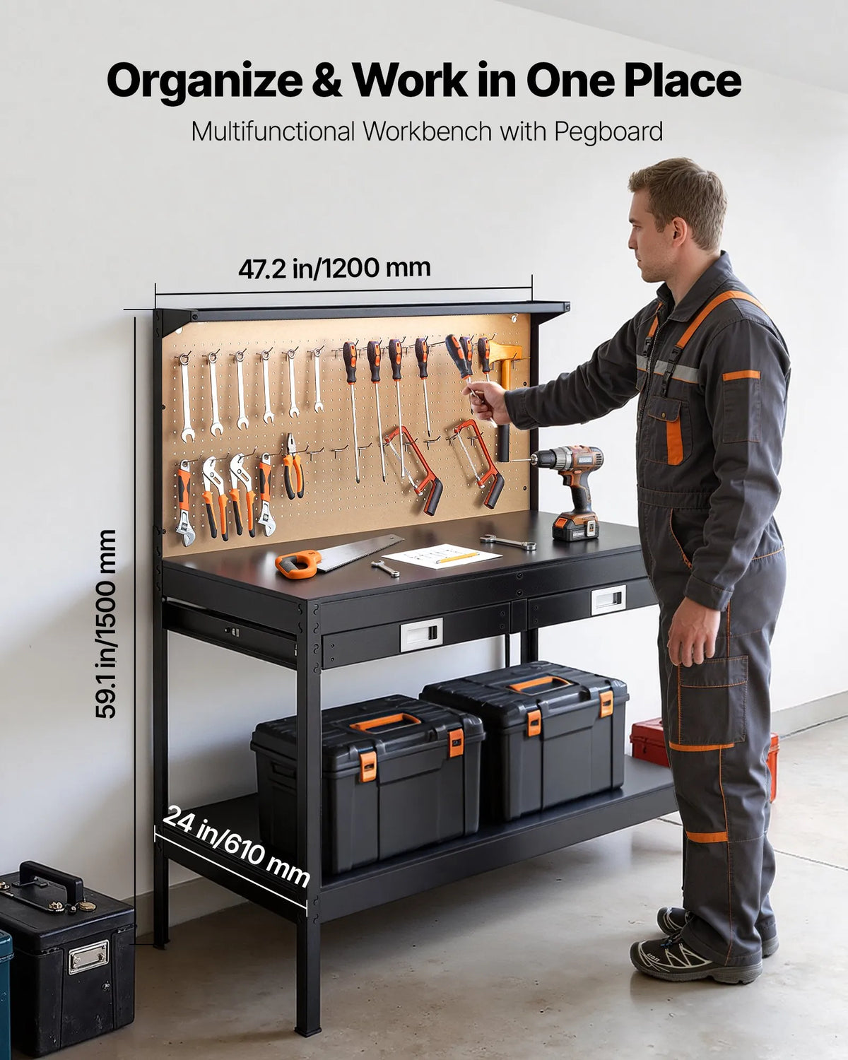 VEVOR masīvkoka darbagalds 110 kg, 1200 mm smagās slodzes galds ar perforētu paneli, 4 AC rozetēm un 2 USB portiem, 1,5 m kabelis un 30 āķi, darbagalds ar atvilktni darbnīcai - ZEMLETES.LV