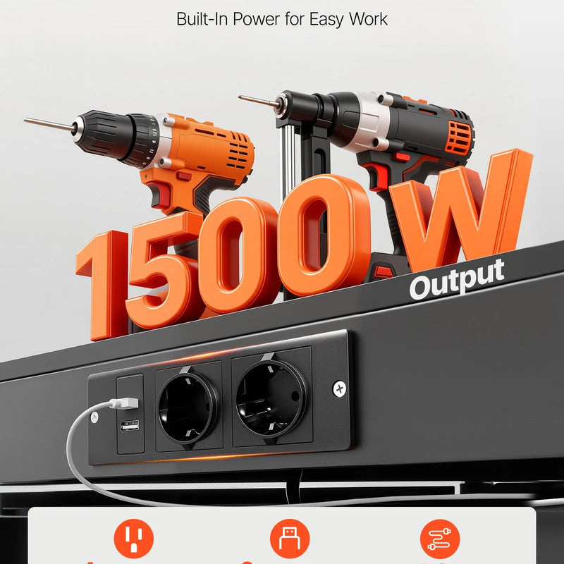 VEVOR masīvkoka darbagalds 110 kg, 1200 mm smagās slodzes galds ar perforētu paneli, 4 AC rozetēm un 2 USB portiem, 1,5 m kabelis un 30 āķi, darbagalds ar atvilktni darbnīcai - ZEMLETES.LV