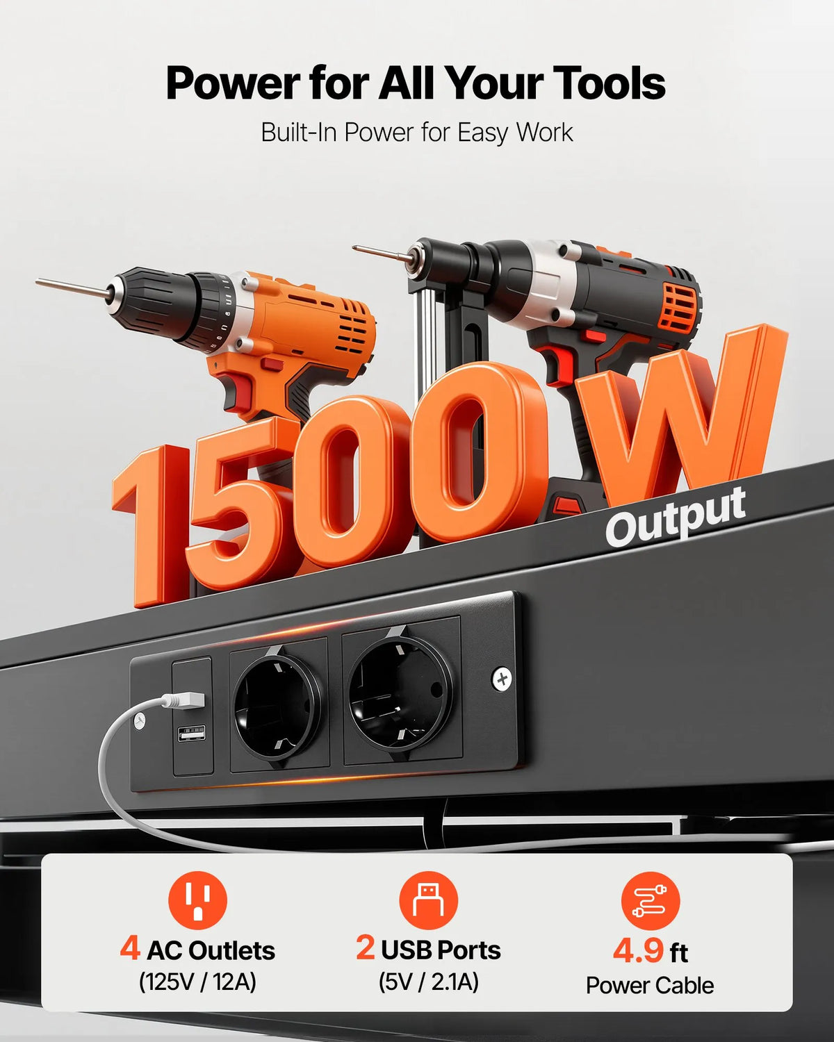VEVOR masīvkoka darbagalds 110 kg, 1200 mm smagās slodzes galds ar perforētu paneli, 4 AC rozetēm un 2 USB portiem, 1,5 m kabelis un 30 āķi, darbagalds ar atvilktni darbnīcai - ZEMLETES.LV