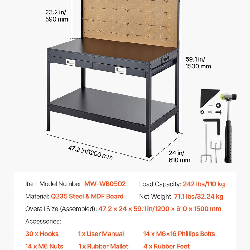 VEVOR masīvkoka darbagalds 110 kg, 1200 mm smagās slodzes galds ar perforētu paneli, 4 AC rozetēm un 2 USB portiem, 1,5 m kabelis un 30 āķi, darbagalds ar atvilktni darbnīcai - ZEMLETES.LV