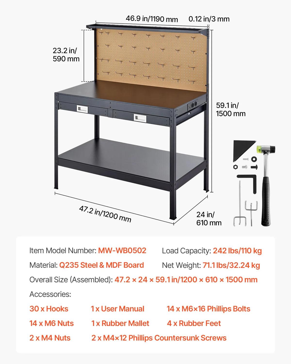 VEVOR masīvkoka darbagalds 110 kg, 1200 mm smagās slodzes galds ar perforētu paneli, 4 AC rozetēm un 2 USB portiem, 1,5 m kabelis un 30 āķi, darbagalds ar atvilktni darbnīcai - ZEMLETES.LV