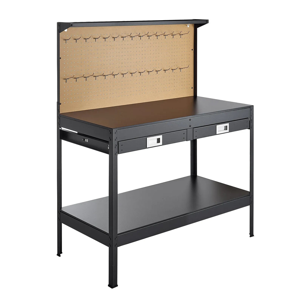 VEVOR masīvkoka darbagalds 110 kg, 1200 mm smagās slodzes galds ar perforētu paneli, 4 AC rozetēm un 2 USB portiem, 1,5 m kabelis un 30 āķi, darbagalds ar atvilktni darbnīcai - ZEMLETES.LV