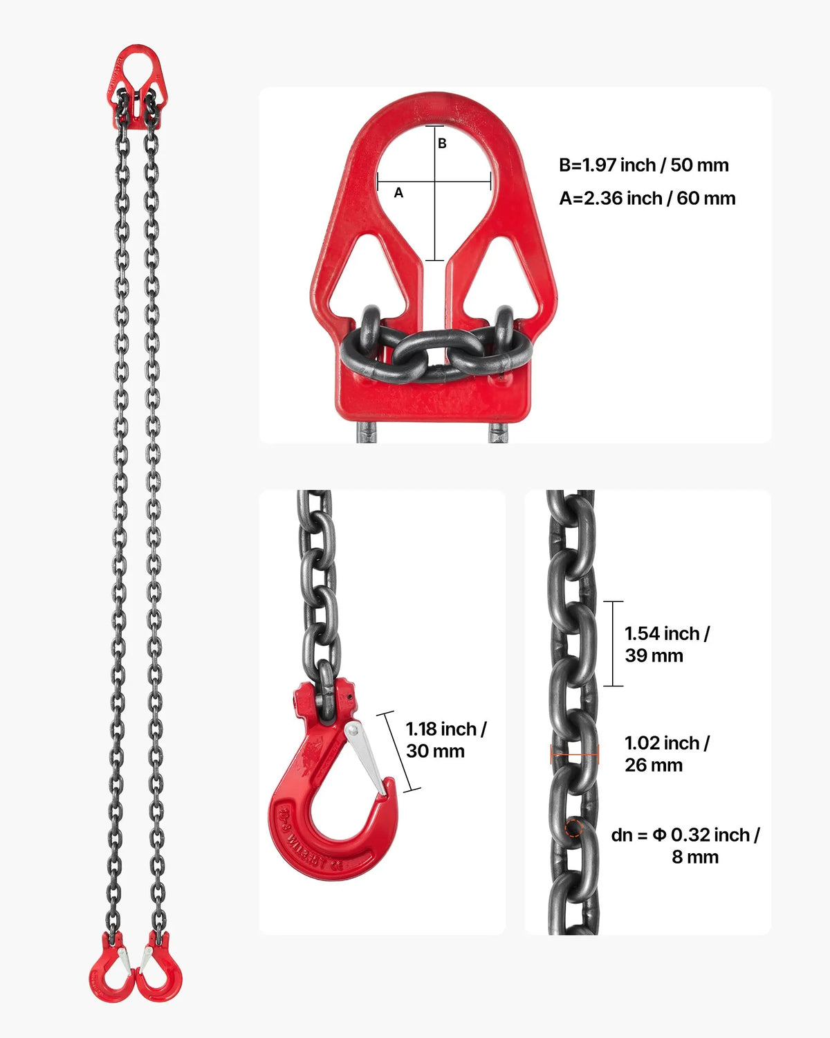 VEVOR Chain Sling, 8 mm × 3 m Lifting Chain with 2 Leg Grab Hooks, Durable G80 Alloy Steel Lifting Sling, 3.17 t Lifting Capacity, Adjustable for Engine Lifting, Load Securing and Towing