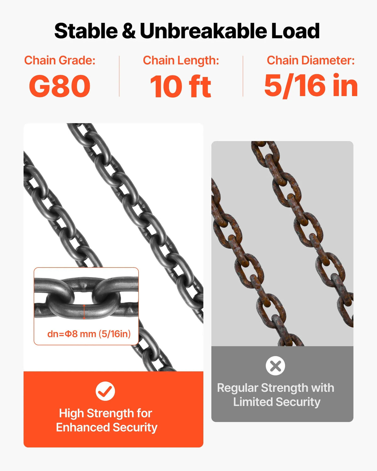 VEVOR Chain Sling, 8 mm × 3 m Lifting Chain with 2 Leg Grab Hooks, Durable G80 Alloy Steel Lifting Sling, 3.17 t Lifting Capacity, Adjustable for Engine Lifting, Load Securing and Towing