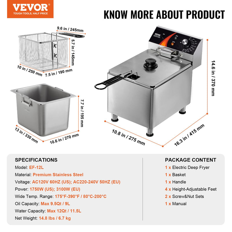 VEVOR Komerciālais Elektriskais Frī Karsētājs 3100W 9L Nerūsējošā Tērauda Ar Temperatūru 200°C